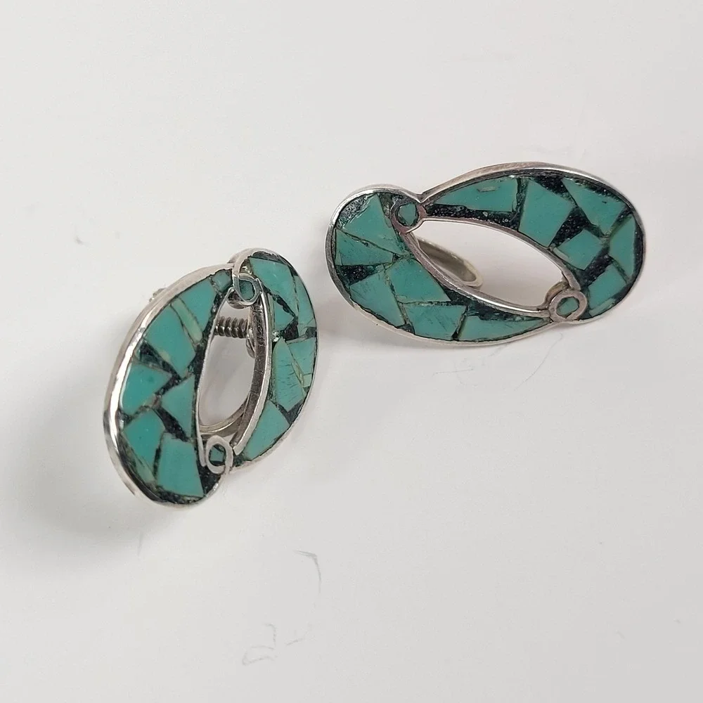 Vtg Taxco 925 Sterling Earrings Turquoise Mosaic Screw‎ Back Teardrop Signed LL